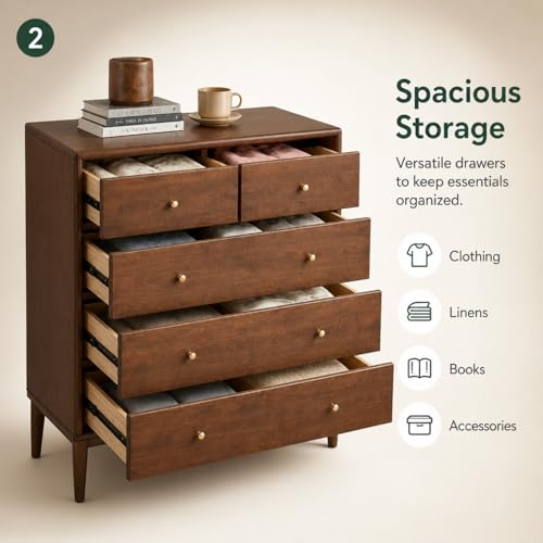 100% Solid Wood Nightstand with 5 Drawer, 5 Drawer Side Table for Bedroom, view 5