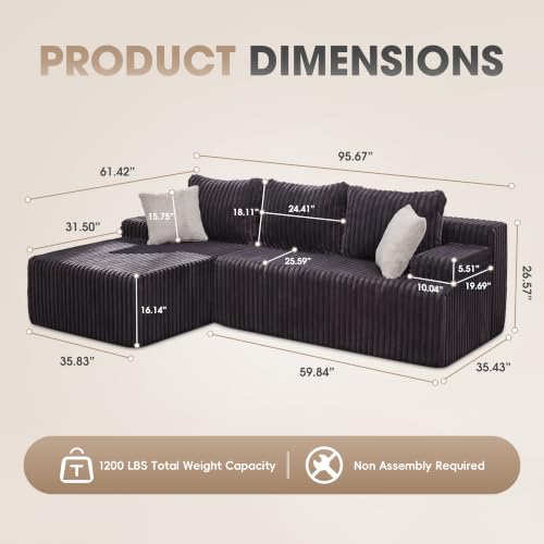 Boneless Couch Modular Sectional Sofa L-Shape Cloud Couch Lounge | 96" Left Facing Chaise Darkgrey,Memory Foam,Removable Cover,Non-slip Bottom,No Assemble Required,Furniture for Small Home