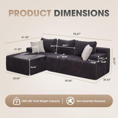 Boneless Couch Modular Sectional Sofa L-Shape Cloud Couch Lounge | 96" Left Facing Chaise Darkgrey,Memory Foam,Removable Cover,Non-slip Bottom,No Assemble Required,Furniture for Small Home