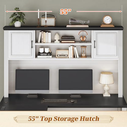 Farmhouse L Shaped Desk with Hutch and 3 Drawers, 68.9" Executive Office Desk with File Drawer and Power Outlet, Corner Computer Desk with Storage Shelves for Home Office, White