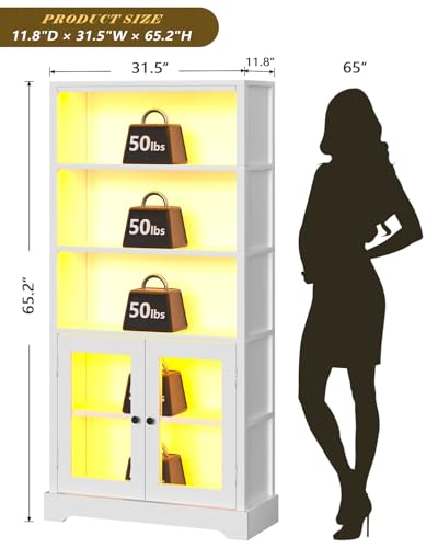 5-Tier Bookshelf, 65" Bookshelf with Multi-Color Ambient Lights (APP Remote Control), Tall Vertical Display Shelf with Cabinet Doors, Suitable for Living Room, Bedroom, Study, Office, White