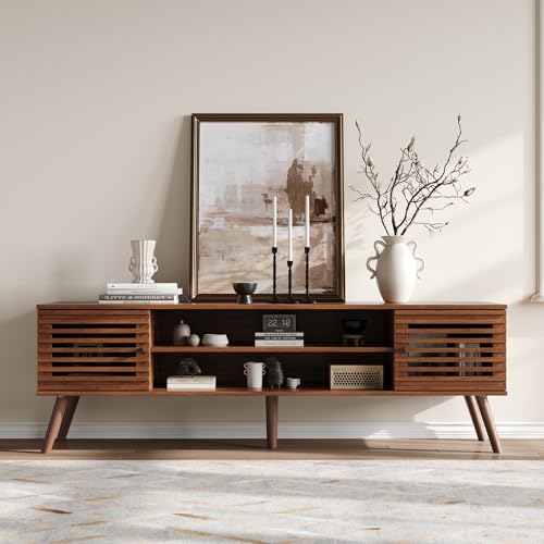 61" Mid Century Modern TV Stand for 50/55/60/70 inch TV, TV Media Console with Slatted Doors for TVs up to 70", Entertainment Center with Storage for Living Room, Bedroom, Walnut