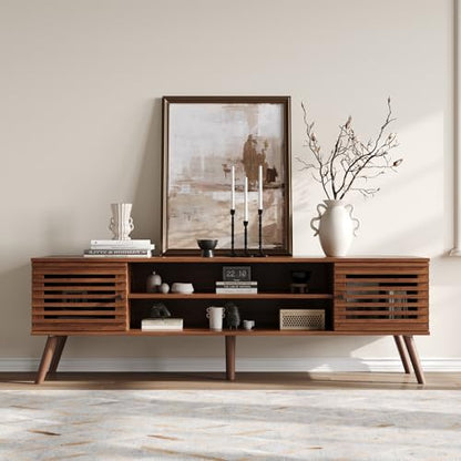 61" Mid Century Modern TV Stand for 50/55/60/70 inch TV, TV Media Console with Slatted Doors for TVs up to 70", Entertainment Center with Storage for Living Room, Bedroom, Walnut