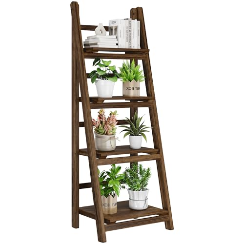 Ladder Shelf 4-Tier Foldable Solid Wood Bookshelf Plant Stand, view 2
