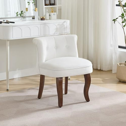 Velvet Vanity Chair with Back, Tufted Upholstered Vanity Stool with Solid Wood Legs, Mid Century Small Makeup Chair for Vanity, Accent Chair for Bedroom, Living Room, White