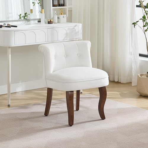 Velvet Vanity Chair with Back, Tufted Upholstered Vanity Stool with Solid Wood Legs, Mid Century Small Makeup Chair for Vanity, Accent Chair for Bedroom, Living Room, White