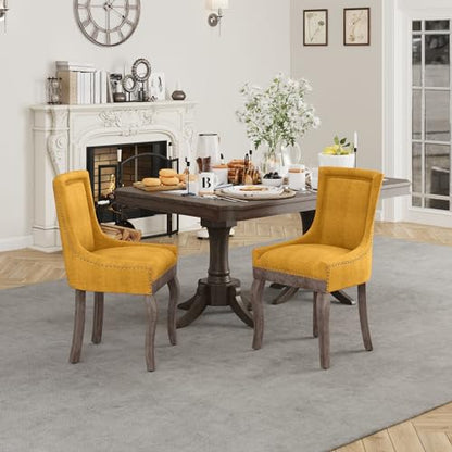 Fabric Vintage Upholstered Side Chairs Set of 6, Farmhouse Solid Wood Kitchen Dining Room Chairs with Nailheads Legs (Fabric Golden Yellow)