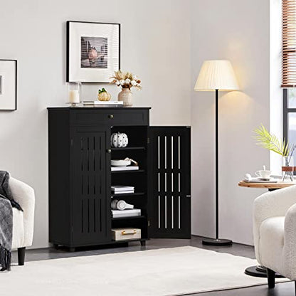 Yaheetech Storage Cabinet Floor Storage Organizer Wooden Cabinet with Drawer 2 Doors for Entryway Living Room Furniture Black