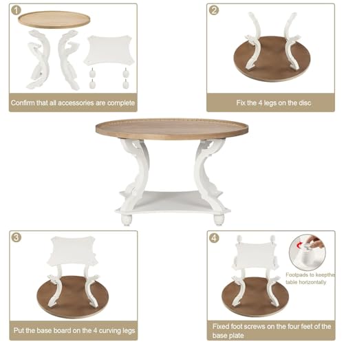 Farmhouse Round Coffee Table, Wood Tray Top Circle Coffee Table with Storage Shelf Rustic Style for Living Room and Vintage Finish, White