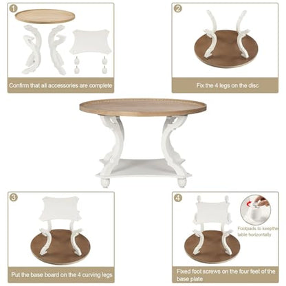 Farmhouse Round Coffee Table, Wood Tray Top Circle Coffee Table with Storage Shelf Rustic Style for Living Room and Vintage Finish, White