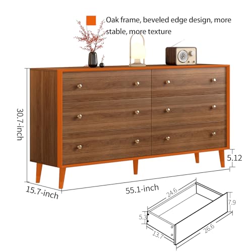 Dresser for Bedroom, 55 Inch 6 Drawer Wooden Chest of Drawers, view 4