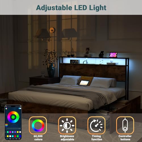 Queen Bed Frame with Storage and Charging Station, Metal Frame, USB Ports, view 6