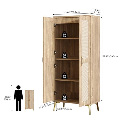 Tall Bathroom Storage Cabinet 57" Rattan Pantry Cabinet, Wood | With Doors and Adjustable Shelves, Freestanding Linen Closet & Wardrobe for Bathroom Laundry Bedroom, Anti-Tipping Device