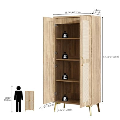 Tall Bathroom Storage Cabinet 57" Rattan Pantry Cabinet, Wood | With Doors and Adjustable Shelves, Freestanding Linen Closet & Wardrobe for Bathroom Laundry Bedroom, Anti-Tipping Device