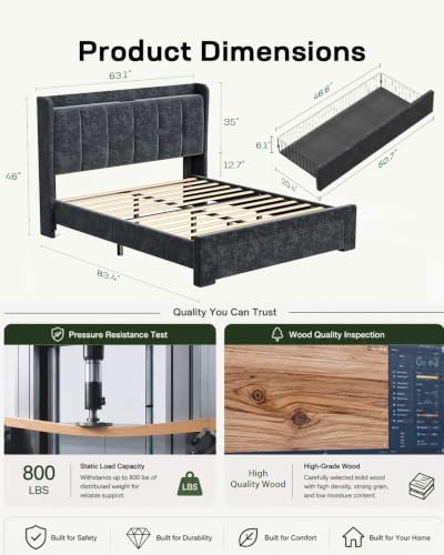 Queen Bed Frame with Storage Drawer, Queen Upholstered Bed Frame with Headboard, view 3