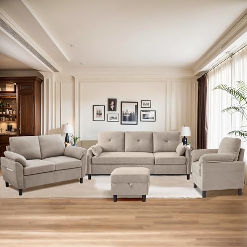 4 PCS Living Room Furniture Set, 3 Seat Couch & Loveseat & Armchair with Storage Ottoman, Modern Couch Set with Side Pockets, Couches for Living Room (3+2+1 Seat/Beige)