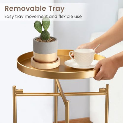 2-Tier End Table, Outdoor Side Table Metal Round Side Table with Removable Tray, Small Folding Accent Table, Anti-Rust Nightstand for Bedroom Balcony Patio Living Room (Gold)