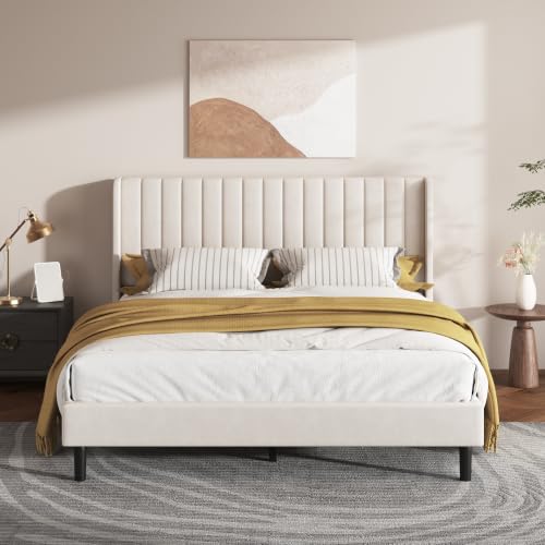 Queen Bed Frame with Vertical Channel Tufted Headboard & Wingback, view 2