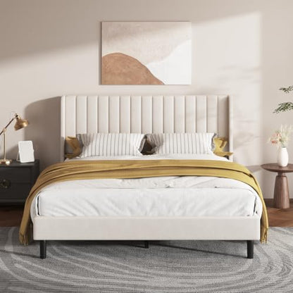 Queen Bed Frame with Vertical Channel Tufted Headboard & Wingback, view 2