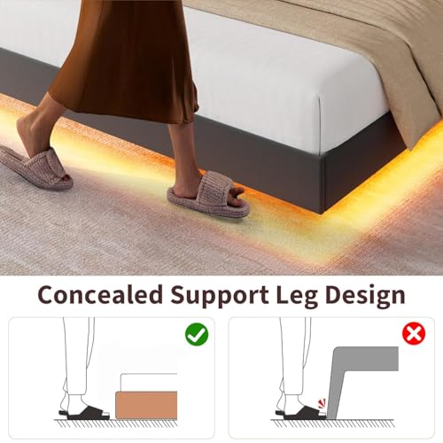 Queen Size Floating Bed Frame with Light and Charging Station, Black, view 5