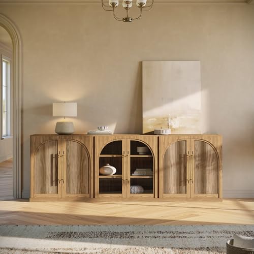 3-Piece Modular Sideboard Buffet Set Freely Configurable 2 Arched Wood Door and 1 Glass Display Cabinet 97'' Classic Modern Storage Credenza for Dining Living Room - Camel