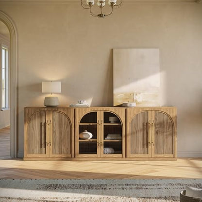 3-Piece Modular Sideboard Buffet Set Freely Configurable 2 Arched Wood Door and 1 Glass Display Cabinet 97'' Classic Modern Storage Credenza for Dining Living Room - Camel