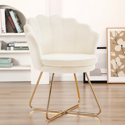 Vanity Chair with Back, Shell Accent Chair for Living Room, Criss Cross Chair with Gold Legs, Makeup Chair for Bedroom Desk Chair no Wheels, Faux Fur White