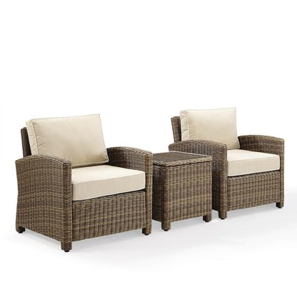 Crosley Furniture KO70052WB-SA Bradenton Outdoor Wicker 3-Piece Seating Set (2 Arm Chairs, Side Table), Weathered Brown with Sand Cushions