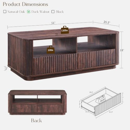 51" Fluted Coffee Table with Storage, Large Modern Center Table with 2 Drawers, Rectangle Wood Coffee Table for Living Room, Dark Walnut