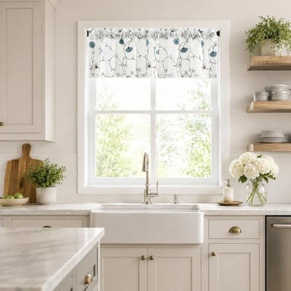 Blue Floral Embroidered Kitchen Valance, 52 x 14 Inches