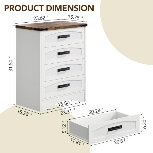 Farmhouse 4 Drawers Dresser for Bedroom, Walnut & White, view 3