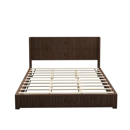 King Size Solid Wood Platform Bed Frame with wingback Headboard, view 7