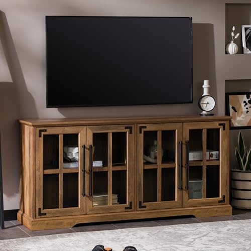Farmhouse Barn Glass Door Wood Universal TV Stand for TV's up to 64" Flat Screen Living Room Storage Cabinet Doors and Shelves Entertainment Center, 58 Inch, Rustic Oak