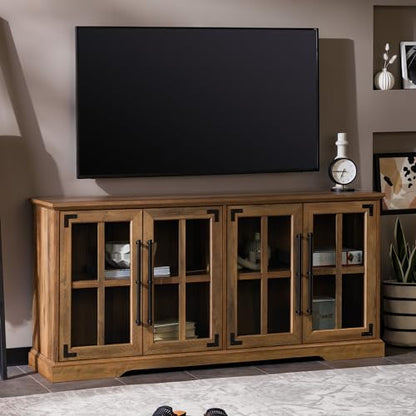 Farmhouse Barn Glass Door Wood Universal TV Stand for TV's up to 64" Flat Screen Living Room Storage Cabinet Doors and Shelves Entertainment Center, 58 Inch, Rustic Oak