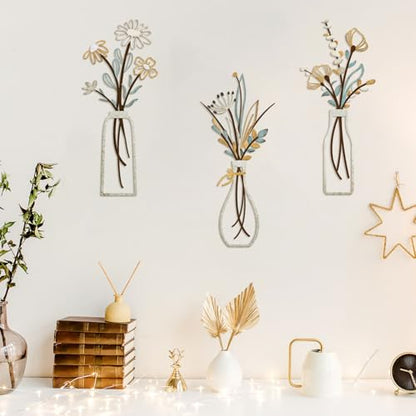 3 Pieces Metal Flowers Wall Art- Rustic Farmhouse Decor Minimalist Decor for Living Room Bathroom Bedroom Dining Room, Housewarming Gifts Christmas Decoration(Beige, Vase-C)