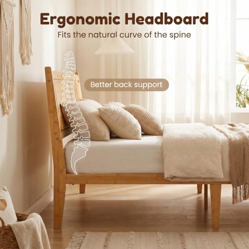 14 inch Bamboo Wood Ergonomic Slant Queen Bed Frame with Headboard, view 4
