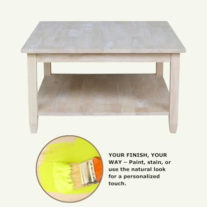 Solano Square Coffee Table, Solid Real Wood, Sturdy Parawood, Living Room/Family Room/Entryway, 32"W x 32"D x 18"H with Shelf, Paint/Stain Ready, Unfinished