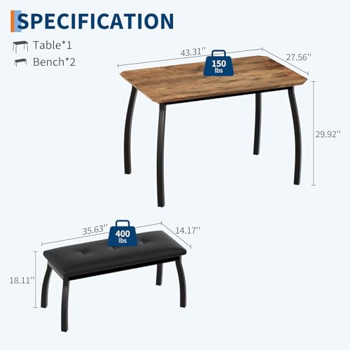 Dining Table for 4, 3-Piece Kitchen Table Set for 4 with Wooden Tabletop and Metal Frame, Industrial Kitchen Table with 2 PU Leather Benches for Bar, Dining Room, Restaurant(43''x28''x30''), Retro
