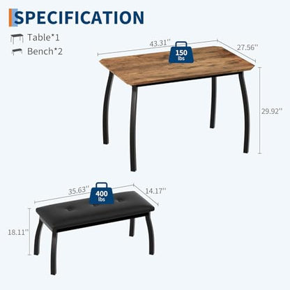 Dining Table for 4, 3-Piece Kitchen Table Set for 4 with Wooden Tabletop and Metal Frame, Industrial Kitchen Table with 2 PU Leather Benches for Bar, Dining Room, Restaurant(43''x28''x30''), Retro