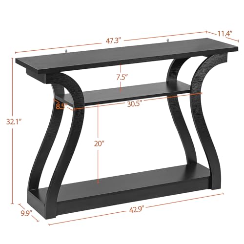 47 in Narrow Console Table, 3 Tier Entryway Table, Wood Sofa Table Decorative Hallway Table with Shelves, Curved Frame for Living Room Front Door Entrance (Black, Flat Surface)