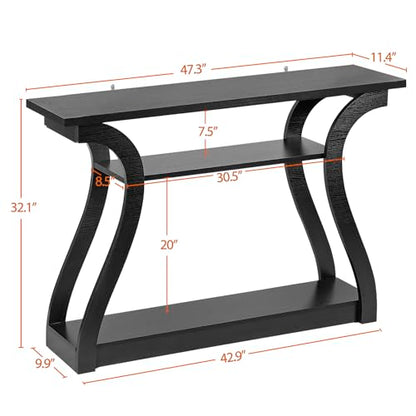 47 in Narrow Console Table, 3 Tier Entryway Table, Wood Sofa Table Decorative Hallway Table with Shelves, Curved Frame for Living Room Front Door Entrance (Black, Flat Surface)