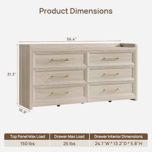 6 Drawer Dresser for Bedroom-56.4" Extra-Wide Wood Chest of Drawers, view 4