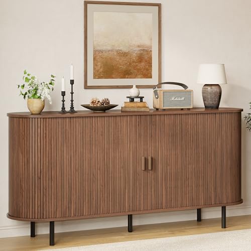 63" Fluted Buffet Sideboard Cabinet with Sliding Door, Walnut, view 2