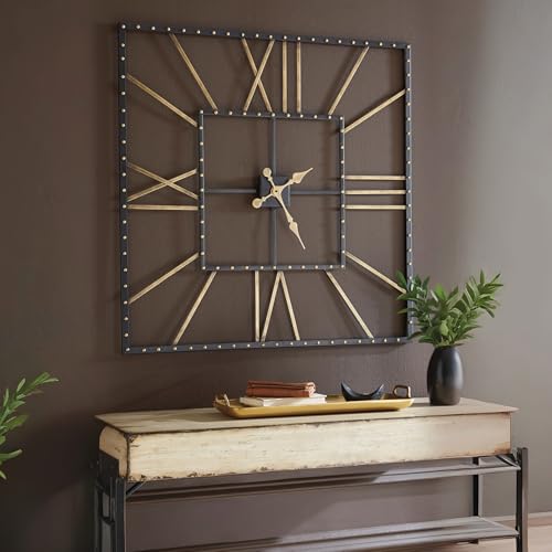 Signature Design by Ashley Thames Modern 40" Square Metal Roman Numeral Wall Clock, Black & Gold
