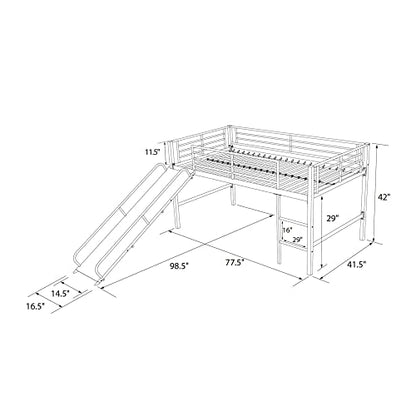 Junior Twin Metal Loft Bed with Slide, Multifunctional Design, White with White Slide