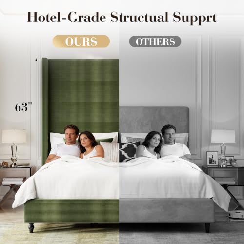 Queen Upholstered Bed Frame with 63" Headboard & Wingback, Green, view 6