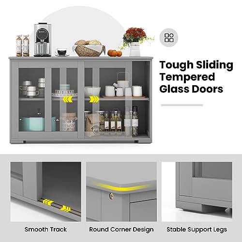 Buffet Sideboard with Storage, 2-Door Floor Cupboard | Sliding Tempered Glass Cabinet & Adjustable Shelf, Stackable Storage Cabinet for Kitchen, Entryway (Gray)