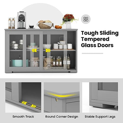 Buffet Sideboard with Storage, 2-Door Floor Cupboard | Sliding Tempered Glass Cabinet & Adjustable Shelf, Stackable Storage Cabinet for Kitchen, Entryway (Gray)