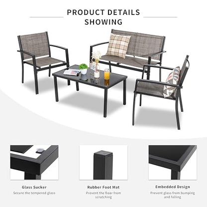 4 Pieces Patio Furniture Set All Weather Textile Fabric Outdoor Conversation Set, with Glass Coffee Table, Loveseat, 2 Single Chairs for Home, Garden, Lawn, Porch（Light Brown）