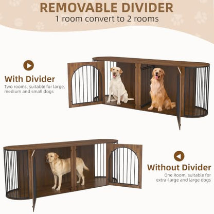 86.6'' Double Dog Crate Furniture, Oval Dog Kennel Furniture with Divider, view 4